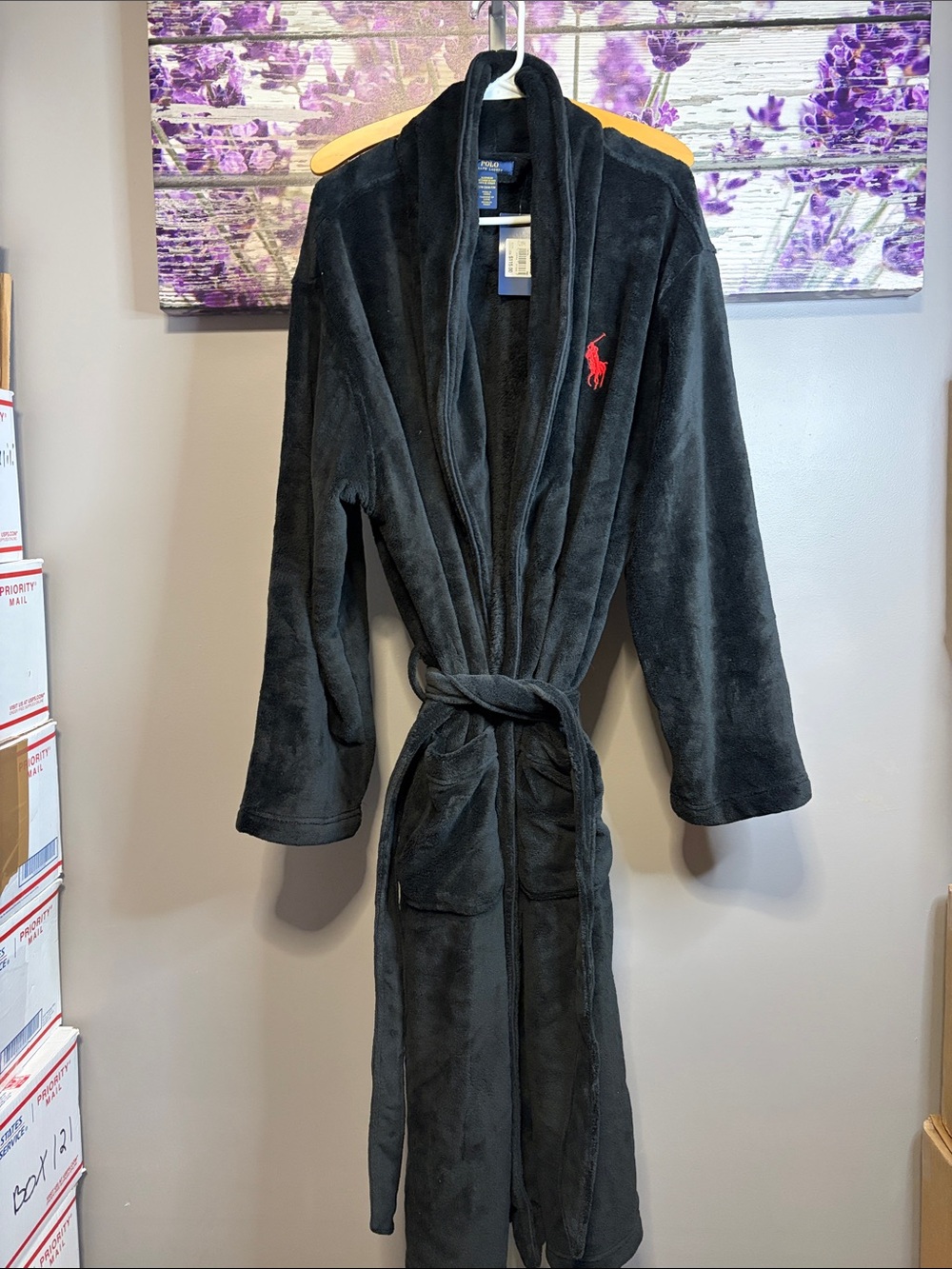 Men’s Polo Ralph Lauren Black Bathrobe with Red Pony Size S NWT
